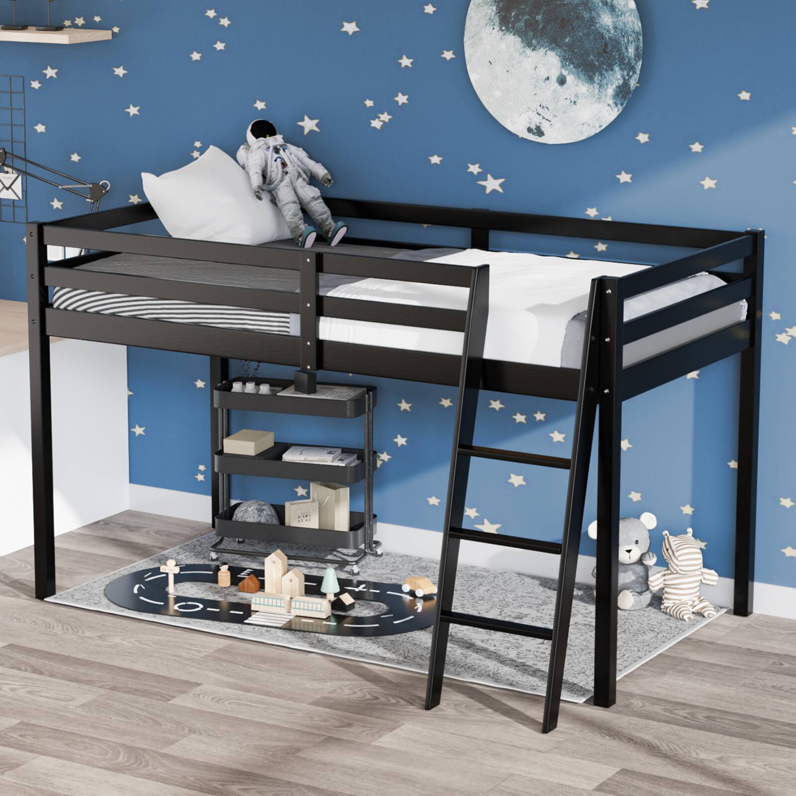 Alt View 6. Winado - 47'' Junior Low Loft Bed with Stairs, Wood Loft Bed Twin Size for Adults, Kids and Young Teens, No Box Spring Required - Black.