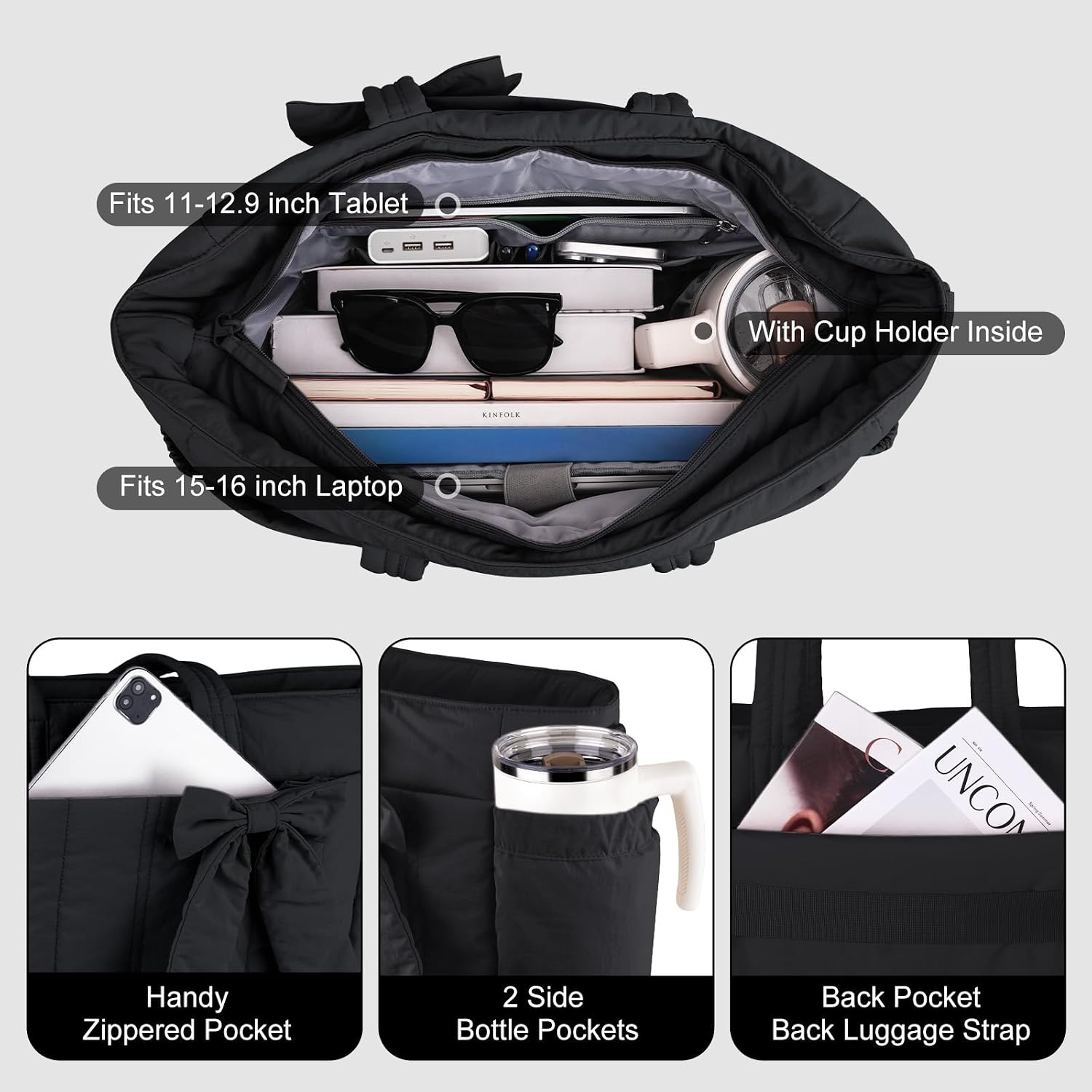 Fits 11-12.9 inch Tablet  
With Cup Holder Inside  
KINFOLK  
Fits 15-16 inch Laptop  
UNCO  
Handy Zippered Pocket  
2 Side Bottle Pockets  
Back Pocket Back Luggage Strap