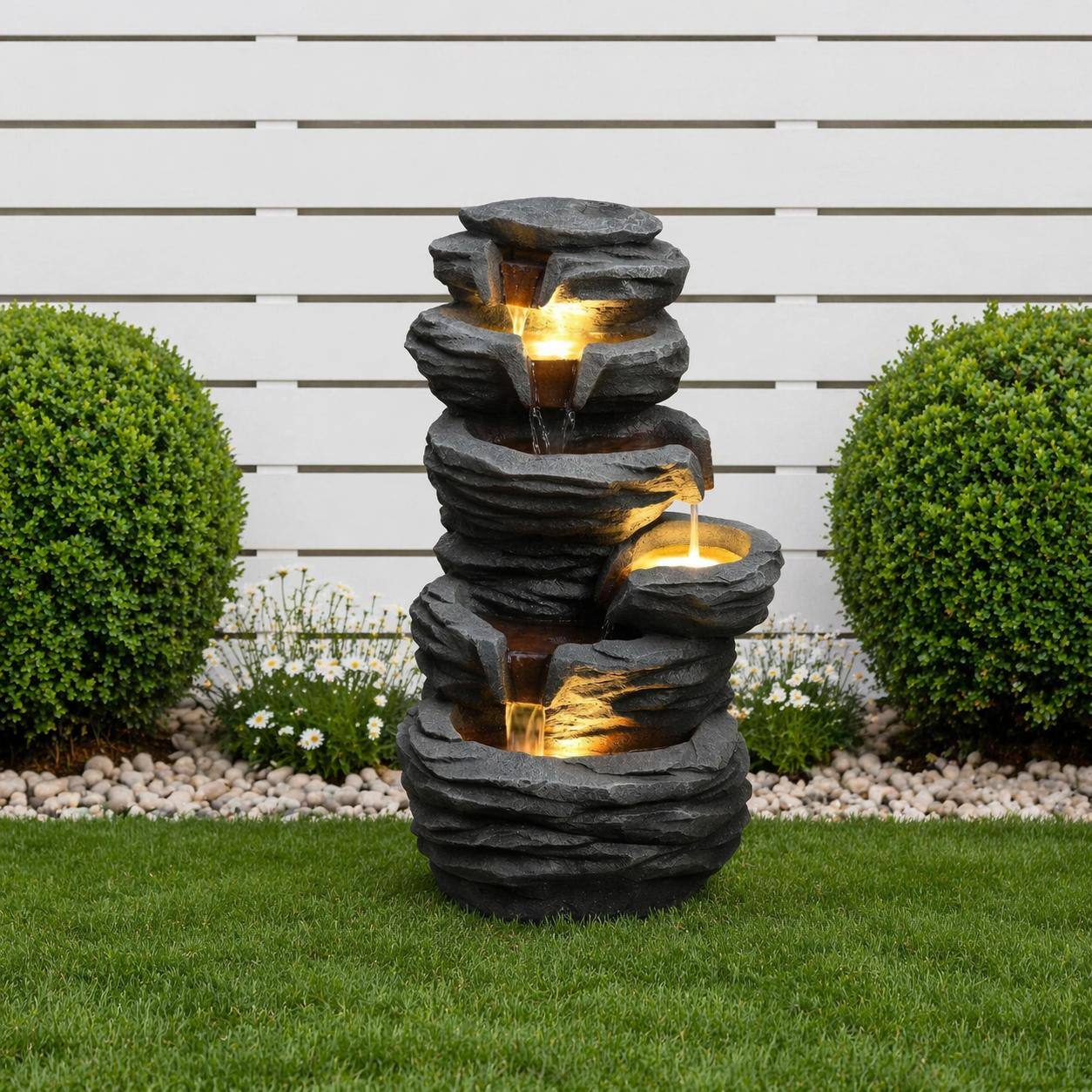 Left. RYHNUYNE - Outdoor Waterfall Fountain with LED Lights – Stacked Rock Cascading Water Feature Resin Garden Decor for Patio, Yard.