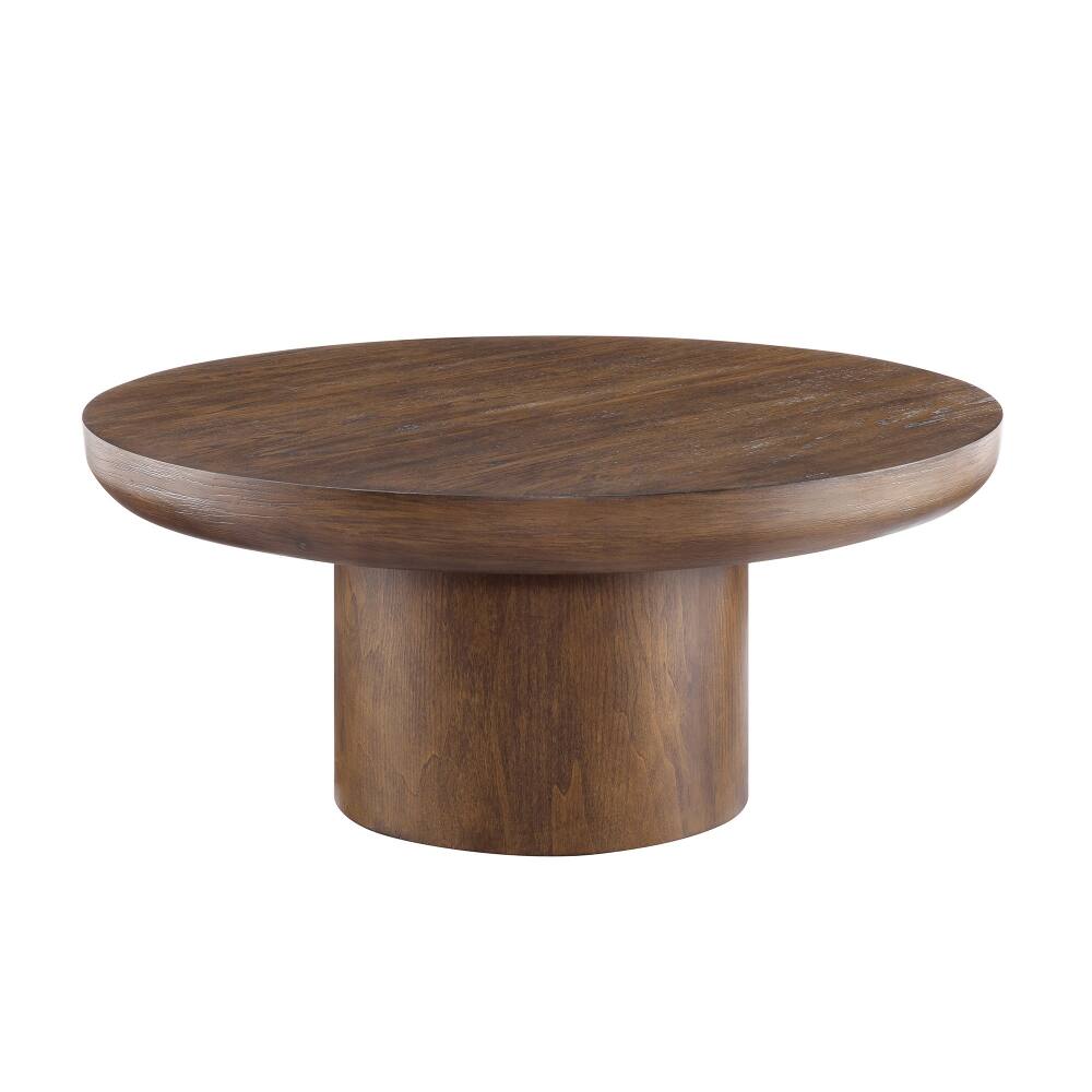 Angle. Loheer - 36 Inch Round Coffee Table Wood Veneer Farmhouse Sofa Side Table with Cylindrical Legs for Living Room - Dark Brown.