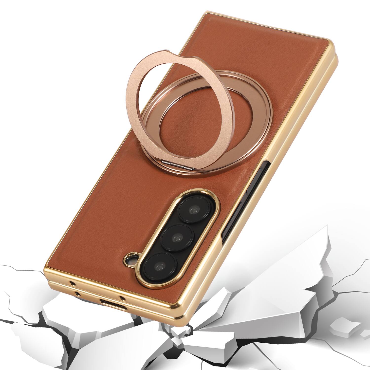 Angle. Dteck - Electroplated Leather Texture Case for Samsung Galaxy Z Fold8 Ultra, Shockproof Magnetic Rigid PC Cover with Ring Stand - Pink.
