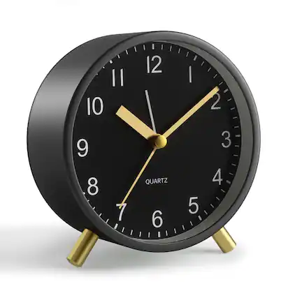 Front. FINEAK - 4 Inch Silent Non-Ticking Analog Alarm Clock with Night Light, Battery Operated, Easy Setting, Black - Black;Gold.