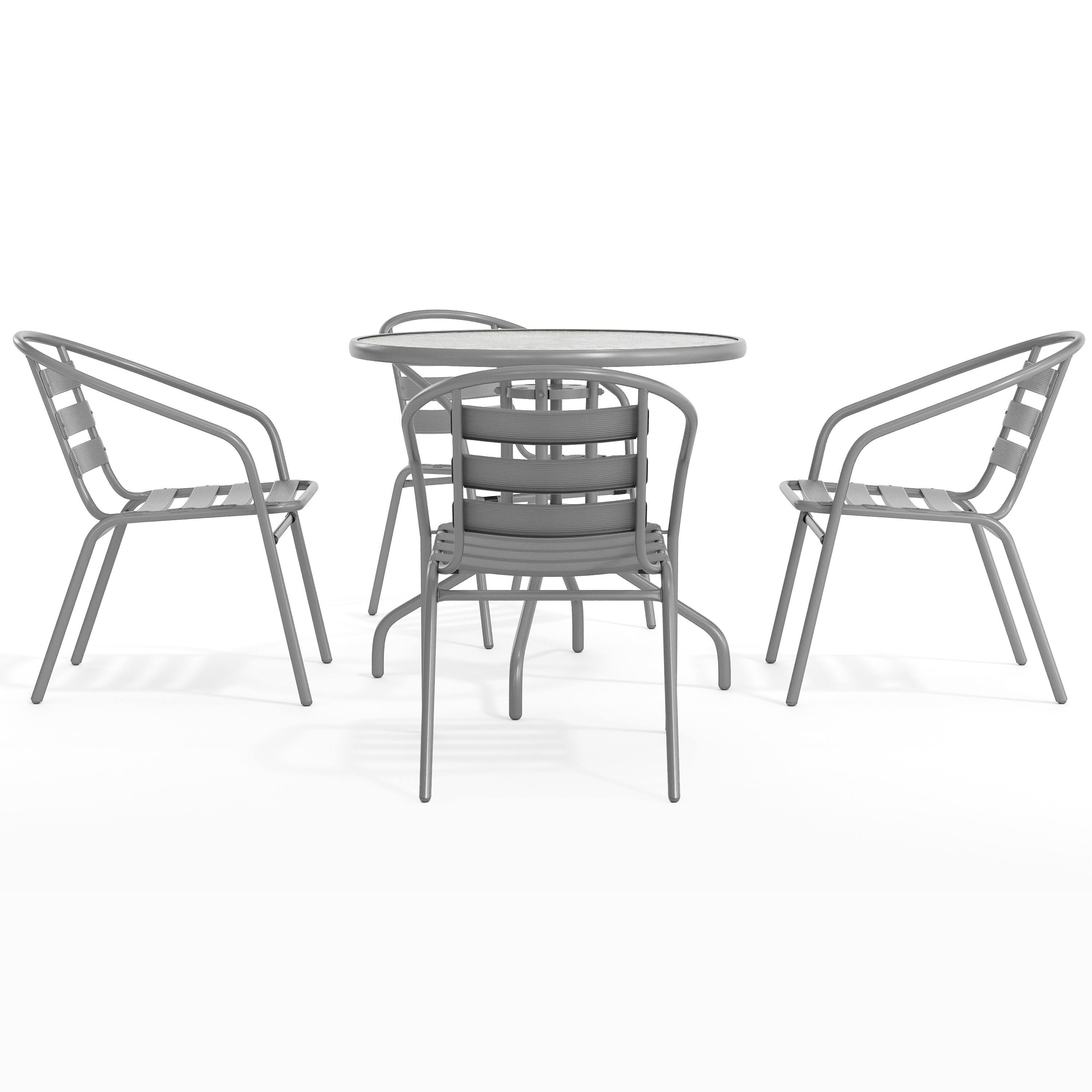 Alt View 10. Emma + Oliver - Rhea 31.5'' Round Glass Top Metal Table with 4 Aluminum Slat Stack Chairs - Silver.
