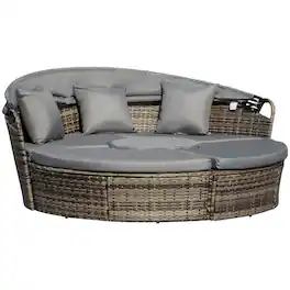Outsunny - Round Convertible Daybed with Cushions, Outdoor PE Rattan Patio Wicker Sofa Set - Dark Gray