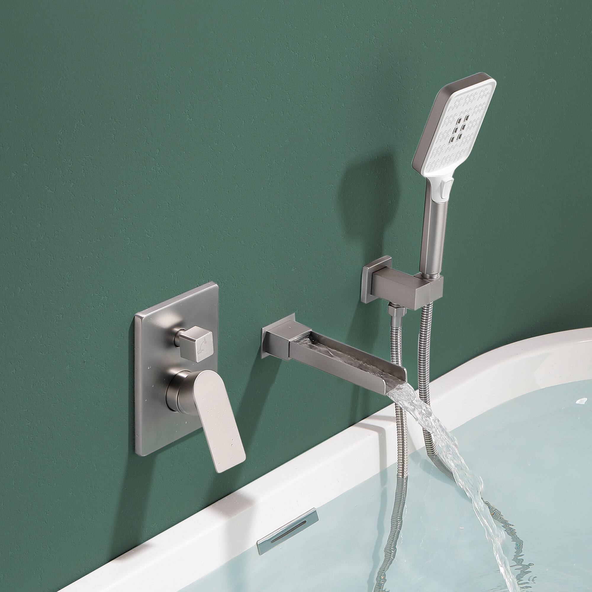 Alt View 5. Boyel Living - Brushed Nickel Wall Mount Bathtub Faucet Brass 2-Function Valve 3-Function Handheld 60-Inch Steel Hose cUPC - Brushed Nickel.