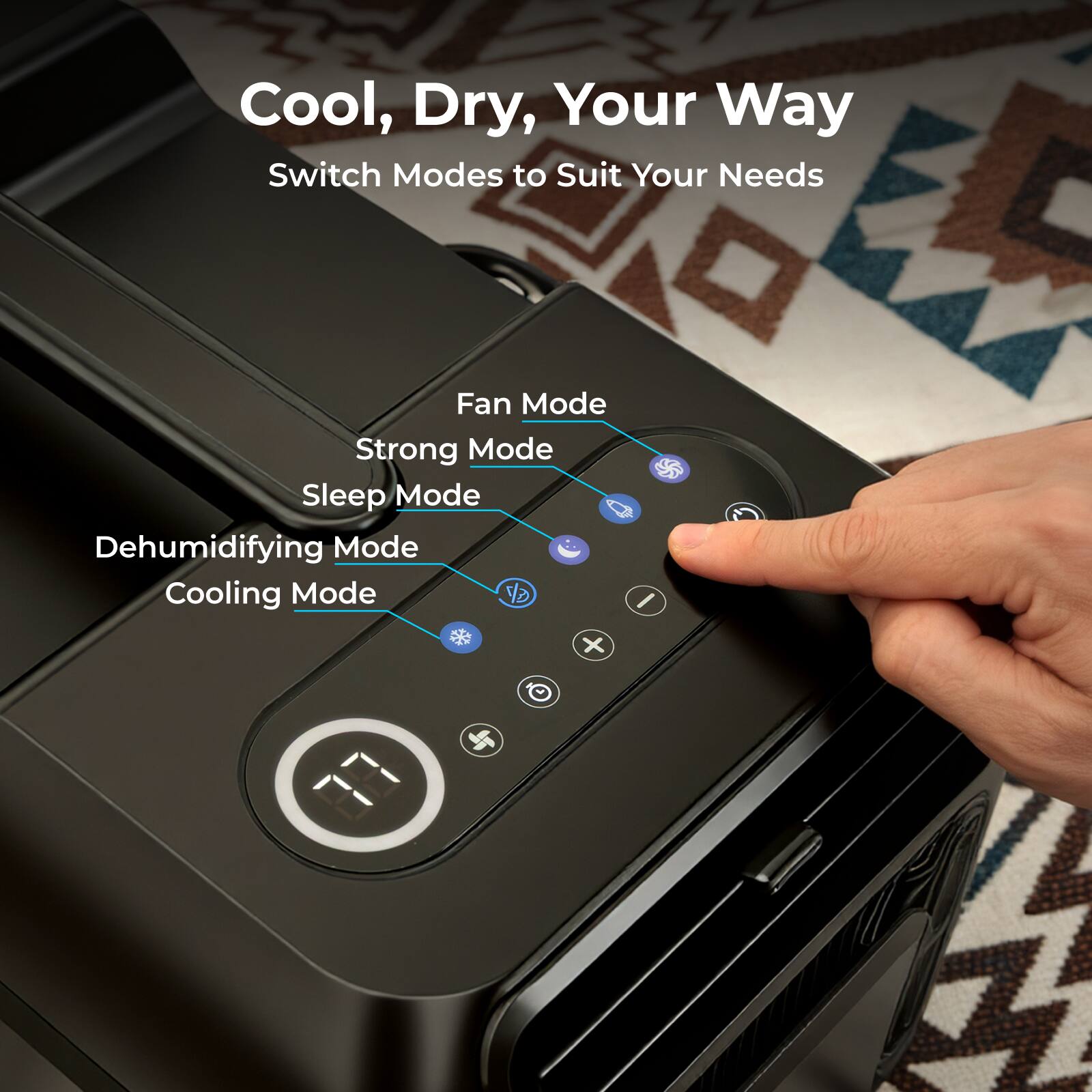 Cool, Dry, Your Way  
Switch Modes to Suit Your Needs  

Fan Mode  
Strong Mode  
Sleep Mode  
Dehumidifying Mode  
Cooling Mode