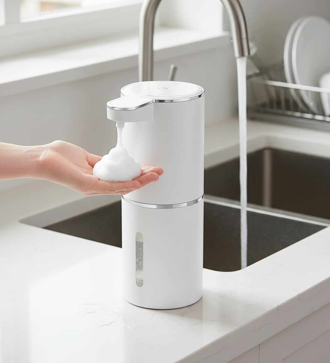 Alt View 4. FINEAK - Wall Mount Foaming Soap Dispenser - 4 Levels Touchless USB Rechargeable - White.