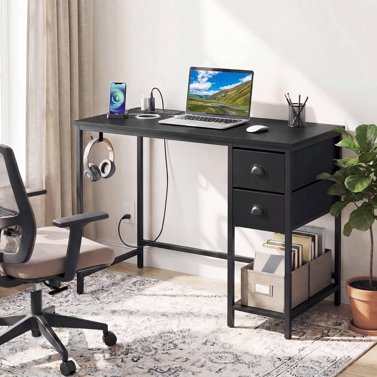 Alt View 5. Costway - Costway Computer Desk with Charging Station, 2 Fabric Drawers, Storage Shelf Headphone Hook - Black.