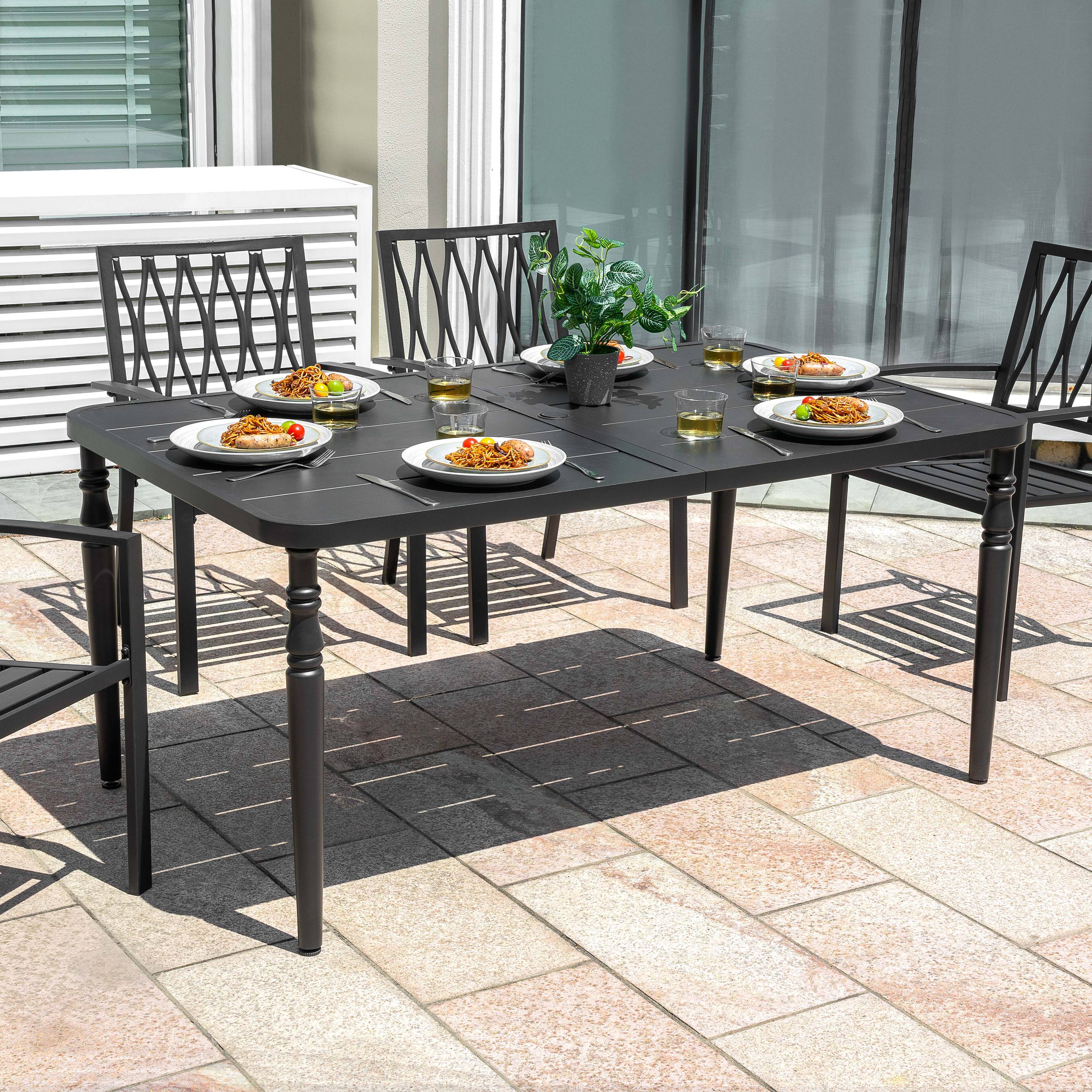Left. Nuu Garden - Outdoor 61'' x 37'' Rectangle Iron Dining Table with 1.6'' Umbrella Hole, Slatted Tabletop - Black.