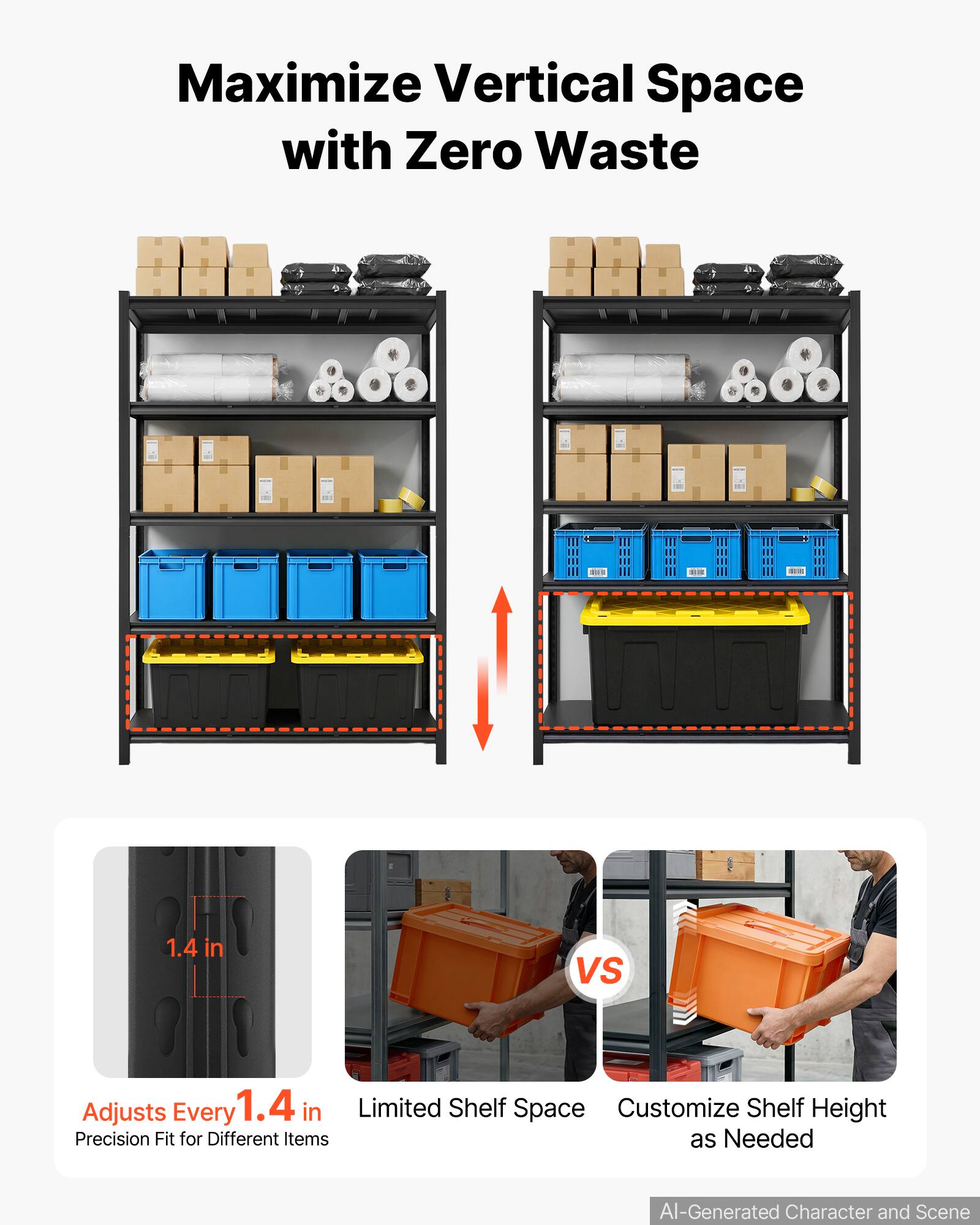 Maximize Vertical Space with Zero Waste

1.4 in VS Adjusts Every 1.4 in Limited Shelf Space Customize Shelf Height Precision Fit for Different Items

AI-Generated Character and Scene