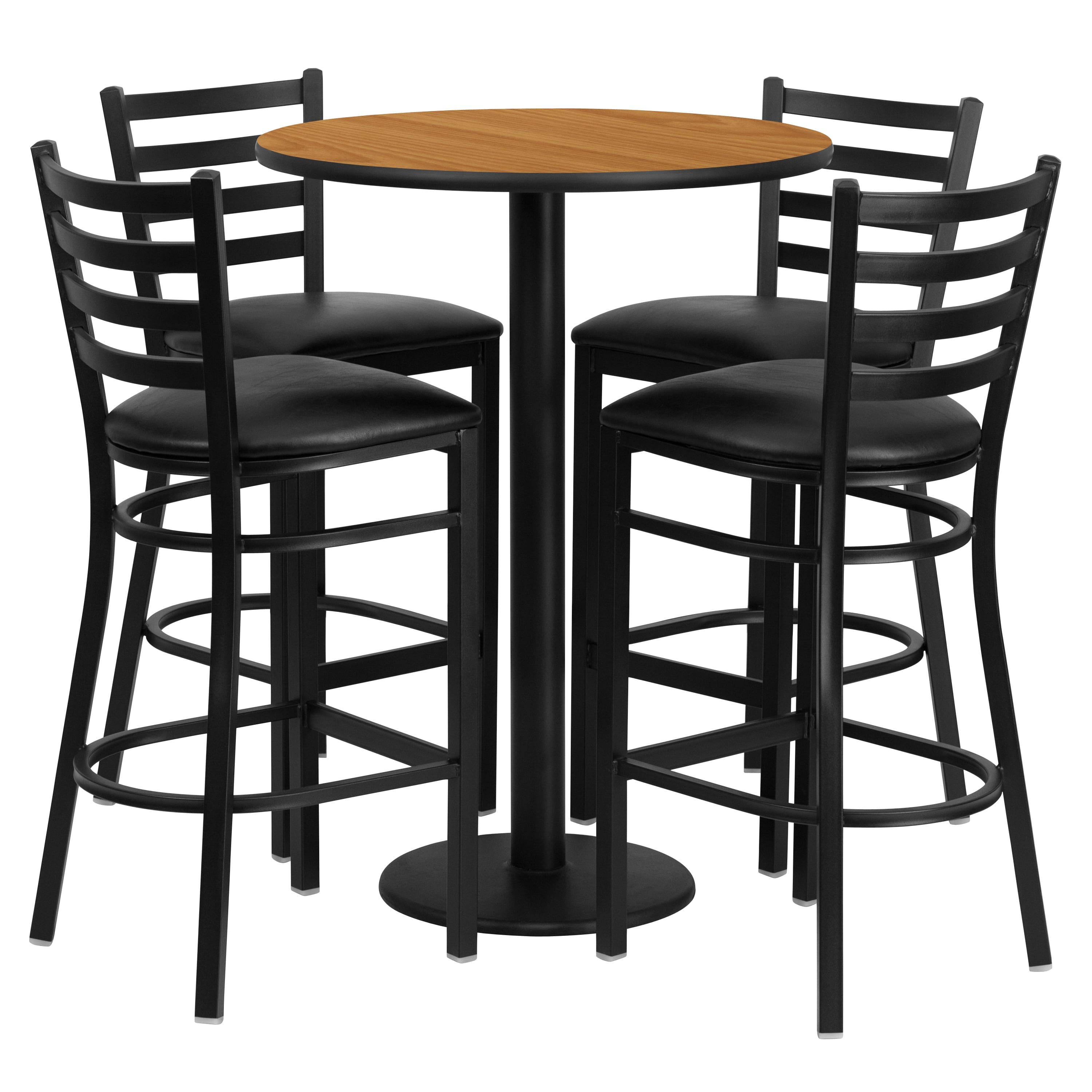 Emma + Oliver - 30" Round Laminate Table Set with 4 Ladder Back Metal Stools - Natural Top/Black Vinyl Seat