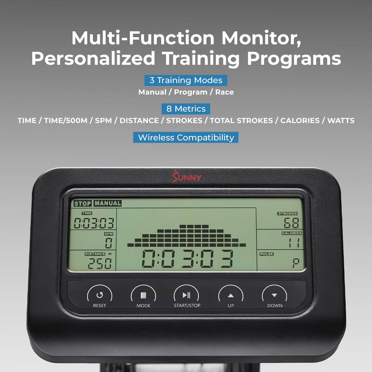 Multi-Function Monitor, Personalized Training Programs

3 Training Modes
Manual / Program / Race

8 Metrics
TIME / TIME/500M / SPM / DISTANCE / STROKES / TOTAL STROKES / CALORIES / WATTS

Wireless Compatibility

SUNNY

STOP MANUAL
TIME 0:03:03
SPM 0
DISTANCE 250
0:03:03
STROKES 68
CALORIES P

RESET MODE START/STOP UP DOWN
