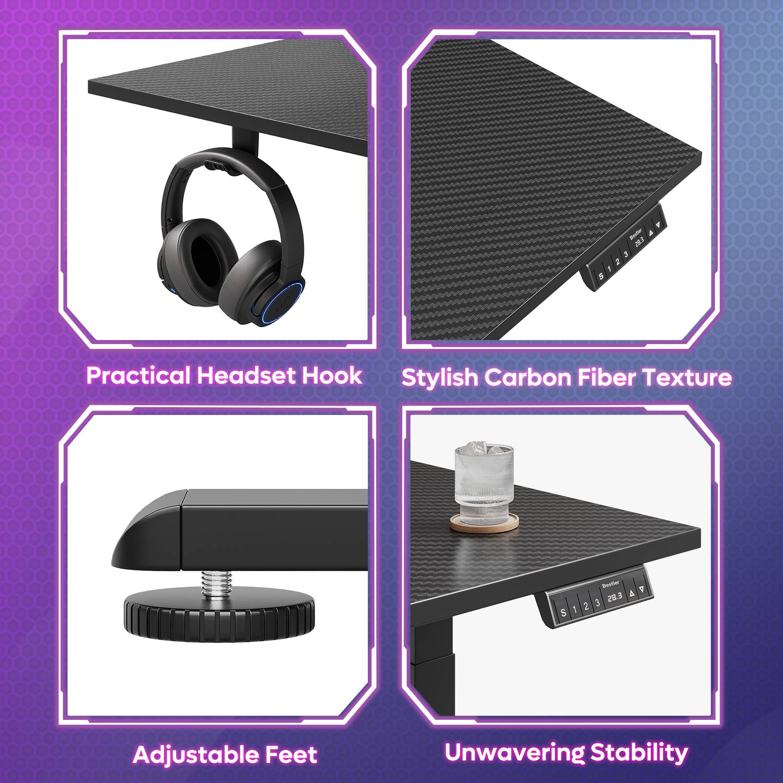 - Practical Headset Hook
- Stylish Carbon Fiber Texture
- Adjustable Feet
- Unwavering Stability