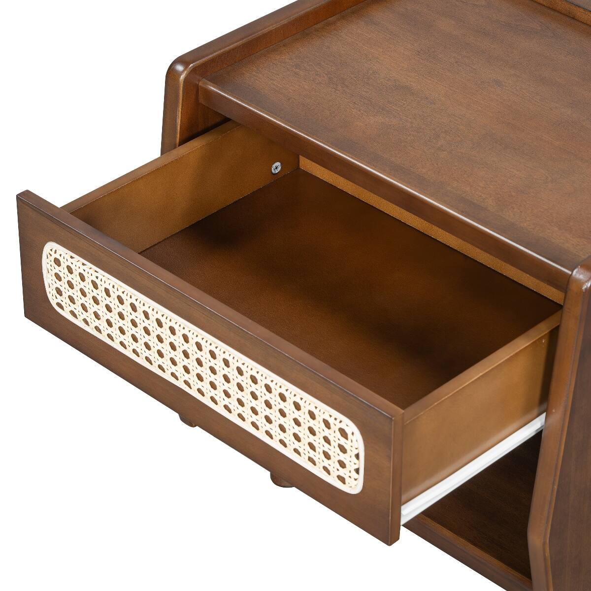 Alt View 7. Loheer - Loheer Walnut Nightstand with Rattan Detail, Open Shelf and Drawer, Modern Bedroom Storage - Walnut.