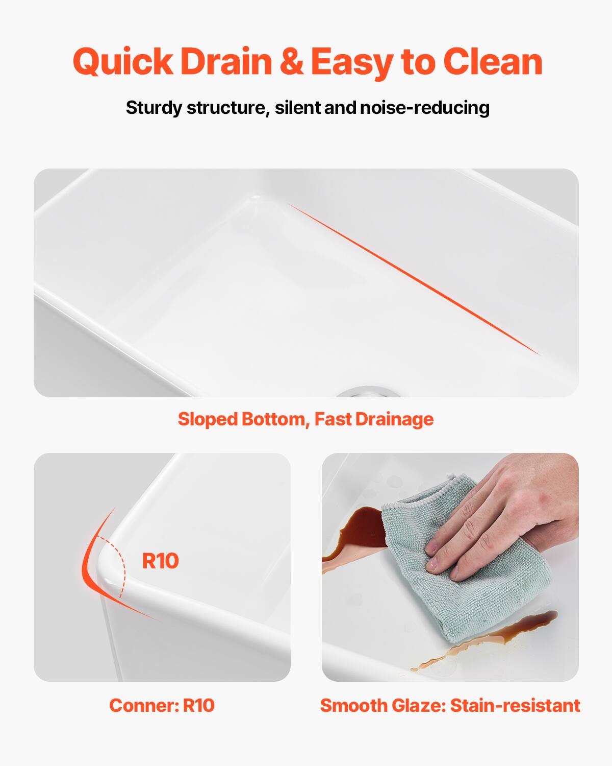 Quick Drain & Easy to Clean  
Sturdy structure, silent and noise-reducing  

Sloped Bottom, Fast Drainage  

Corner: R10  

Smooth Glaze: Stain-resistant