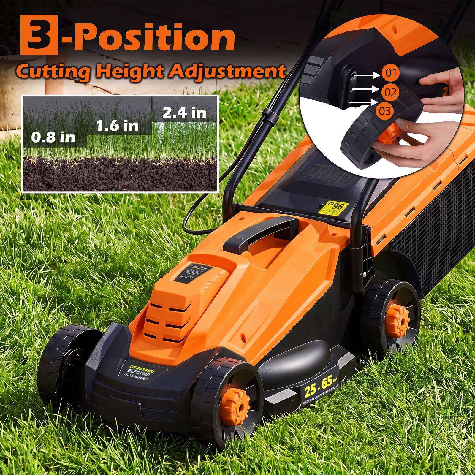 3-Position Cutting Height Adjustment  
2.4 in  
1.6 in  
0.8 in  
01  
02  
03  
296  
LANBOKEN  
ELECTRIC  
25-65m