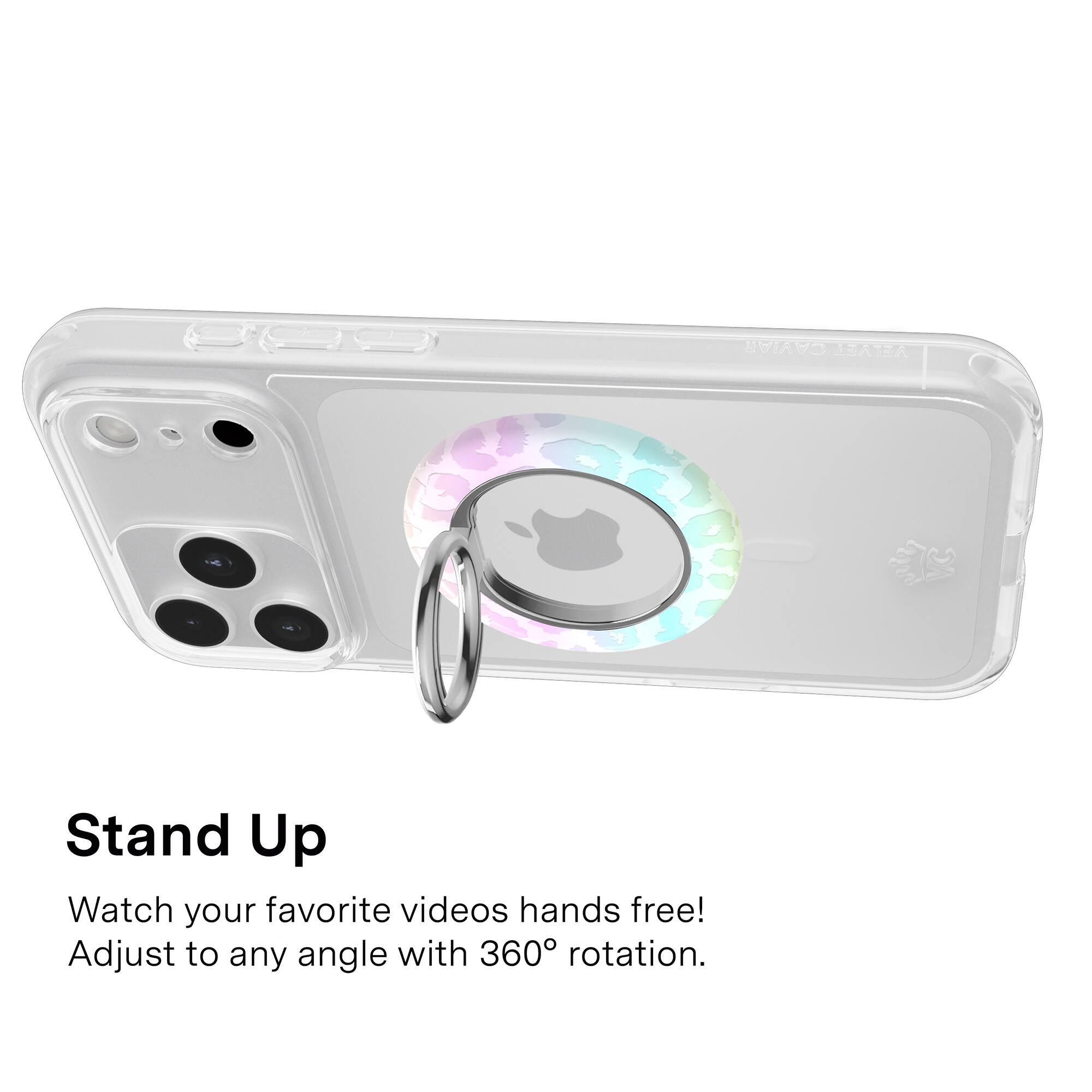 Sure, here is the corrected and grouped text:

---

**Stand Up**

Watch your favorite videos hands free!  
Adjust to any angle with 360° rotation.

---