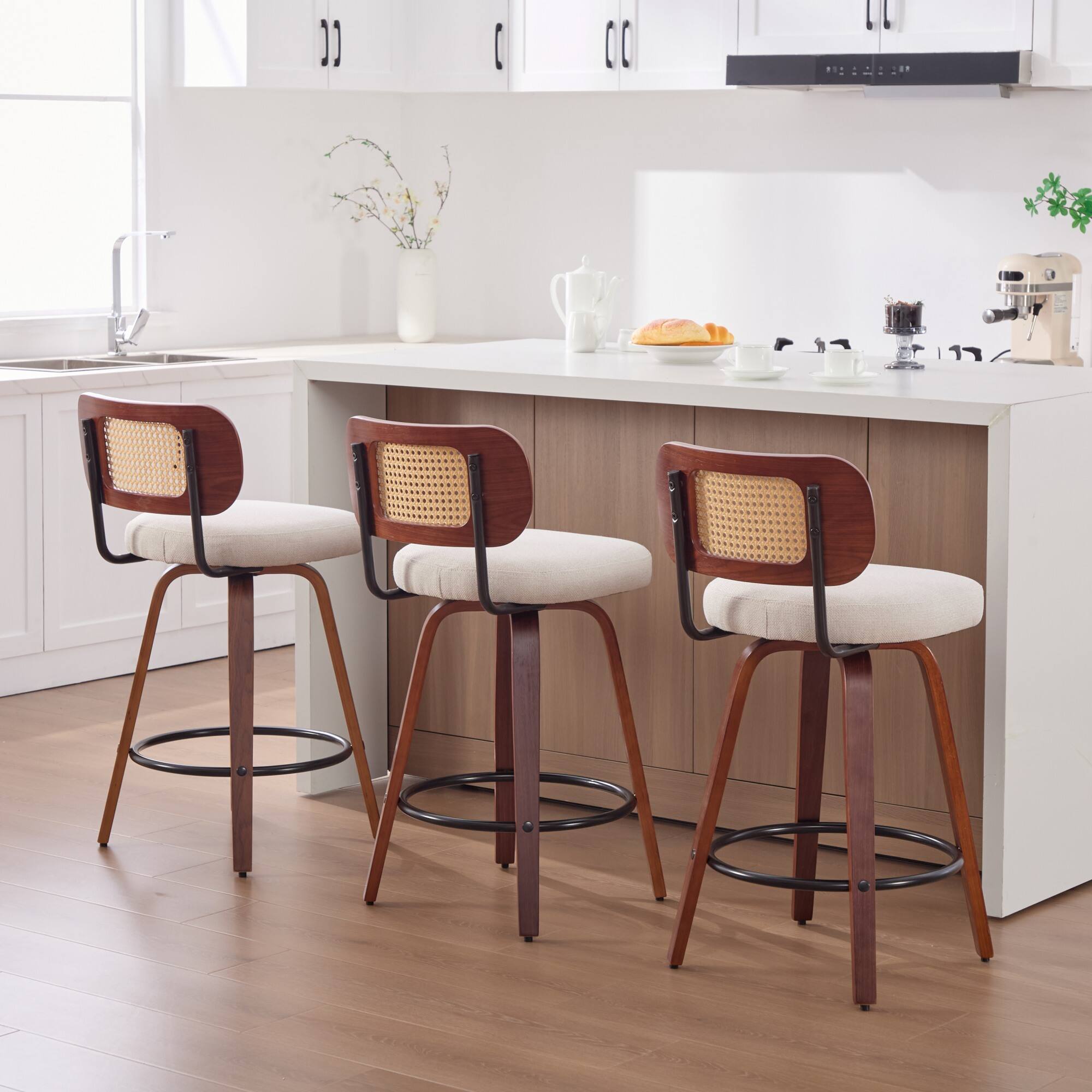 Alt View 2. PexFix - Farmhouse Walnut Counter Stools, Set of 3, Cane Rattan Back, Upholstered Seat, Swivel for Kitchen Island, Home Bar - Beige.