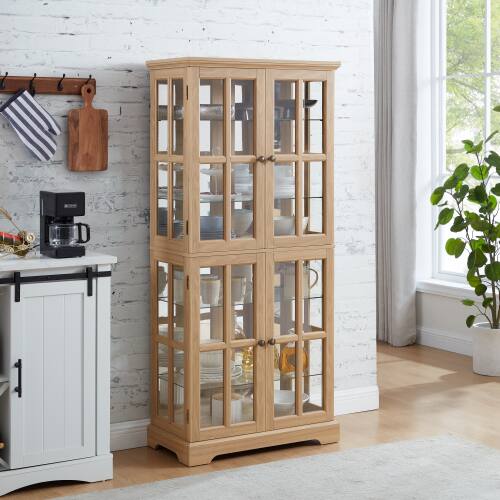 Angle. LUCKY ONE - Freestanding Antique Curio Display Cabinet with Glass Doors Adjustable Shelves E26 Bulb for Collectibles - Oak.