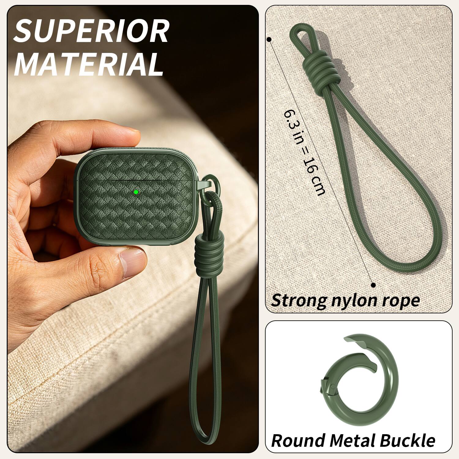 SUPERIOR MATERIAL

6.3 in = 16 cm

Strong nylon rope

Round Metal Buckle