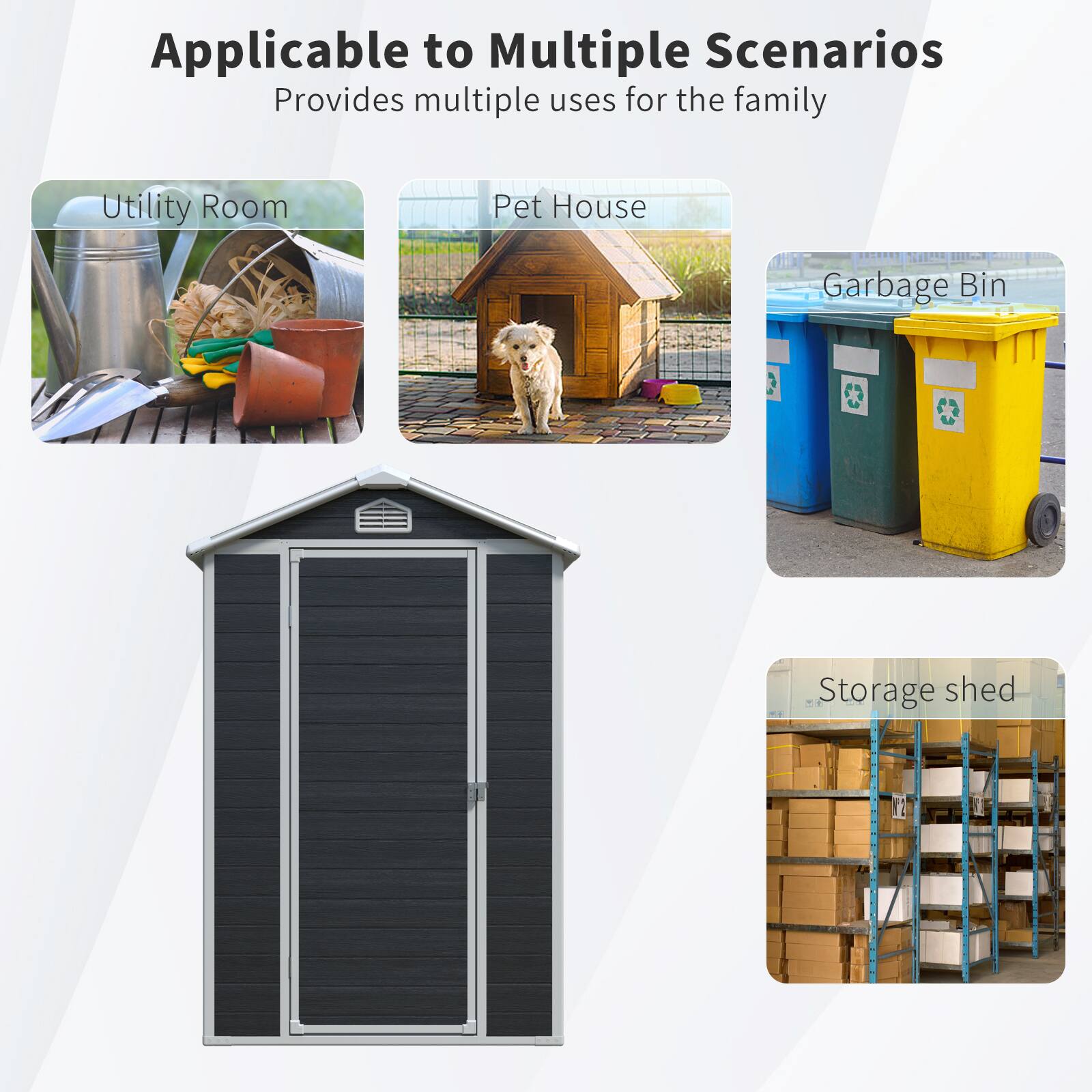 Applicable to Multiple Scenarios  
Provides multiple uses for the family  

- Utility Room  
- Pet House  
- Garbage Bin  
- Storage shed