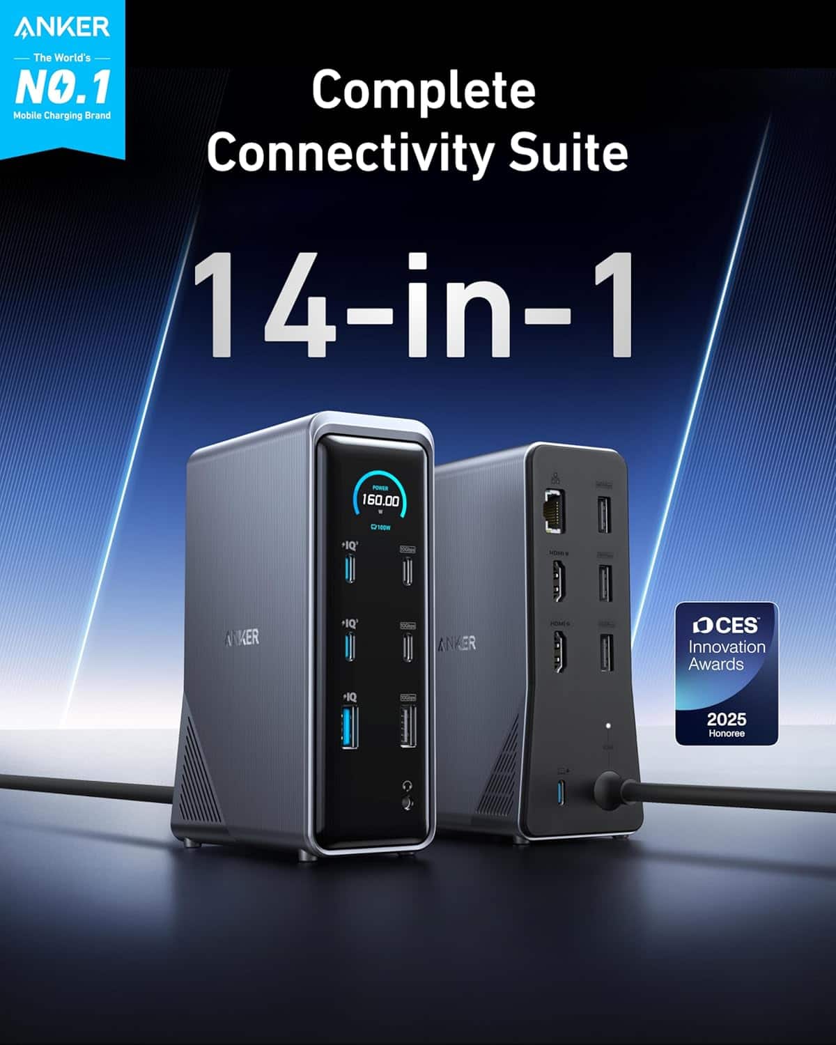 ANKER The World's NO.1 Complete Mobile Charging Brand Connectivity Suite 14-in-1 PACH 160.00 "IQ" ANKER CES Innovation Awards 2025 Honoree