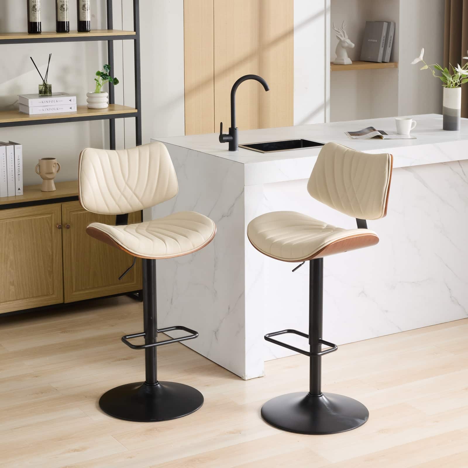 PexFix - Mid-Century Bentwood Bar Stools, Set of 2, Modern Upholstered Leather, Adjustable Swivel for Dining Room or Cafe - Beige
