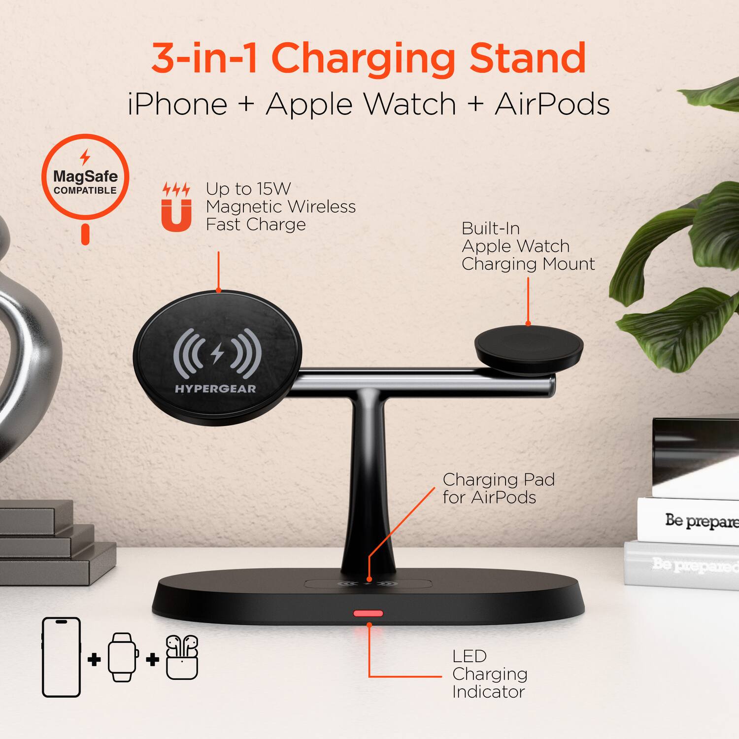 3-in-1 Charging Stand  
iPhone + Apple Watch + AirPods  

MagSafe COMPATIBLE  
Up to 15W Magnetic Wireless Fast Charge  

Built-In Apple Watch Charging Mount  

Charging Pad for AirPods  

LED Charging Indicator  

HYPERGEAR