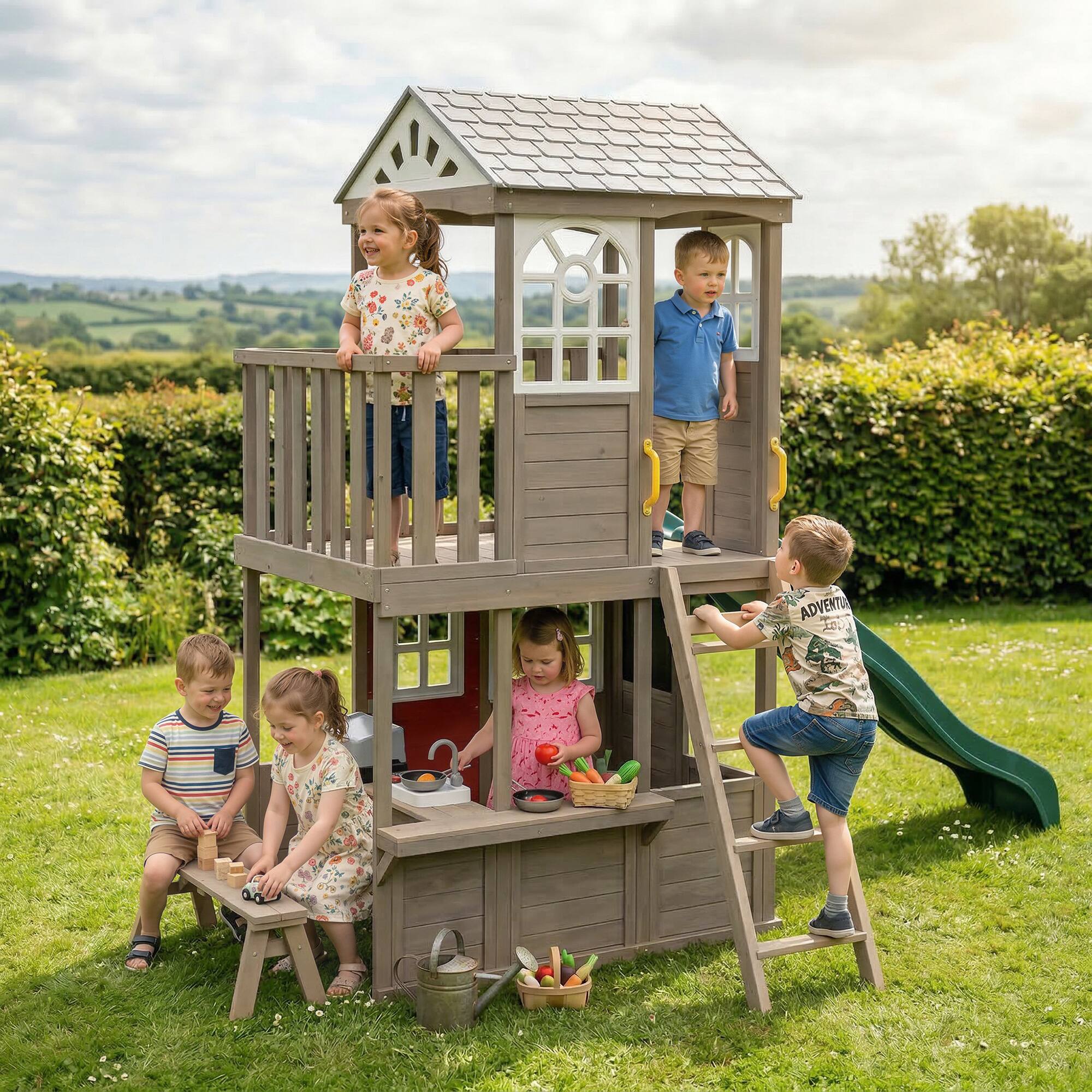 Alt View 7. Qaba - Outdoor Playhouse, Wooden Kids Playhouse with Slide, Bench, BBQ Play Kitchen, Ladder - Brown.