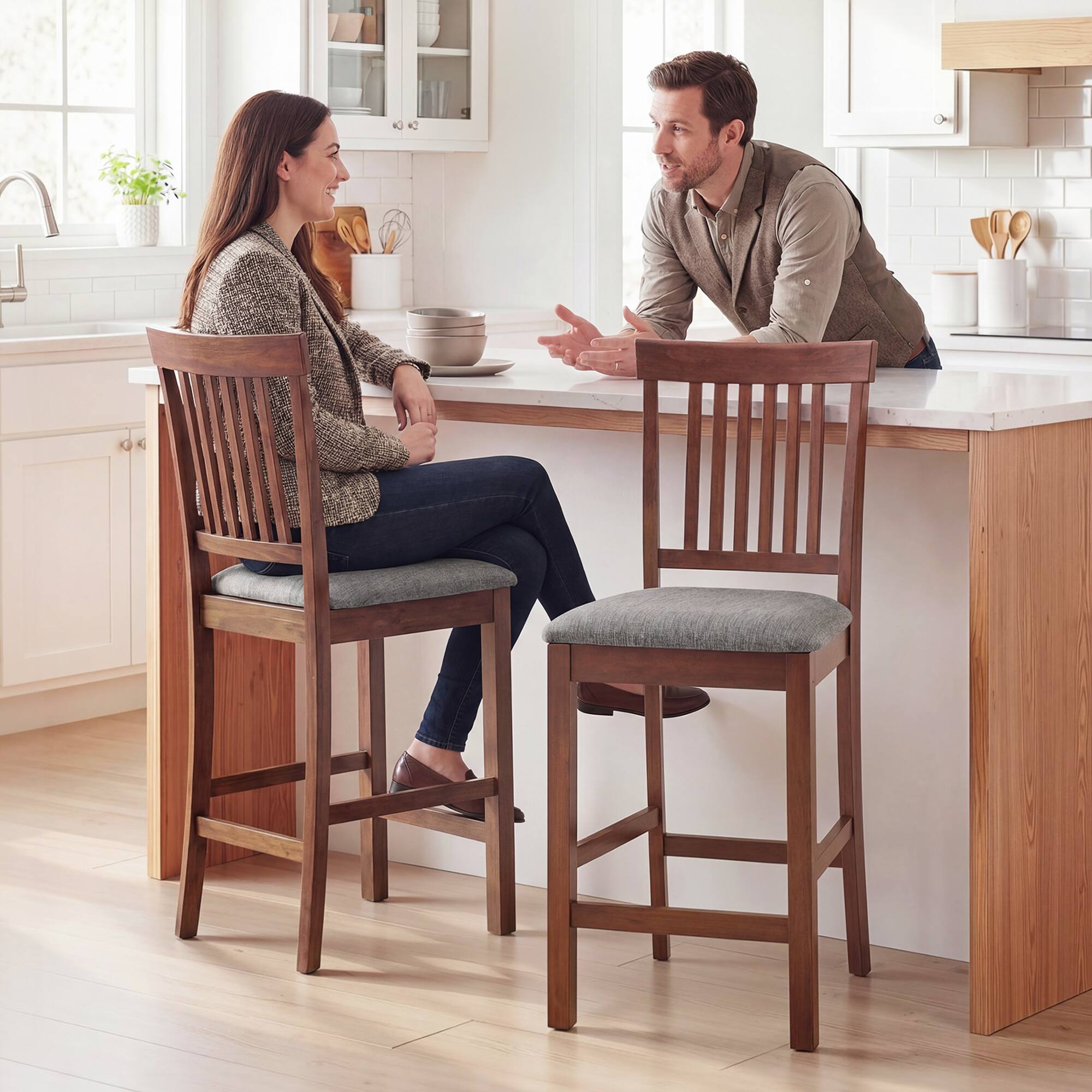Alt View 1. Homcom - Height Bar Stools with Padded Seat, High Back Kitchen Chairs Set of 2 for Dining Room - Gray, Dark Brown.