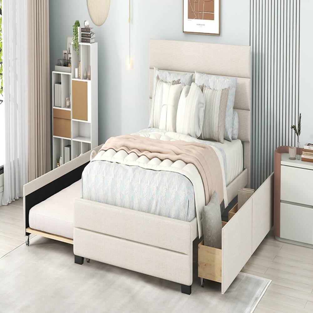 Alt View 1. Loheer - Loheer Queen Upholstered Platform Bed with Twin Trundle and 2 Storage Drawers, Beige Linen Bed Frame - Beige.