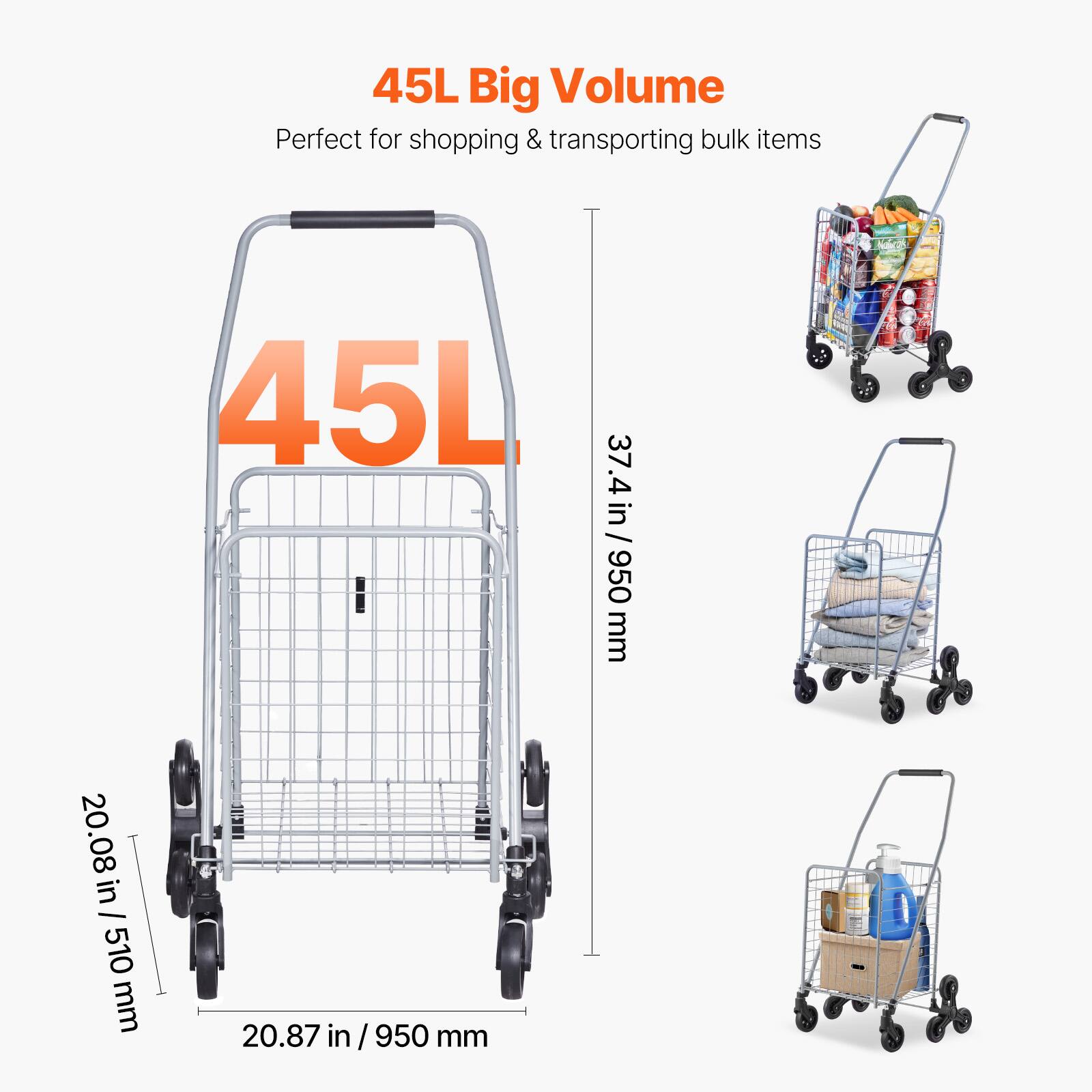 45L Big Volume  
Perfect for shopping & transporting bulk items  

45L  
37.4in / 950 mm  
20.08 in / 510 mm  
20.87 in / 950 mm