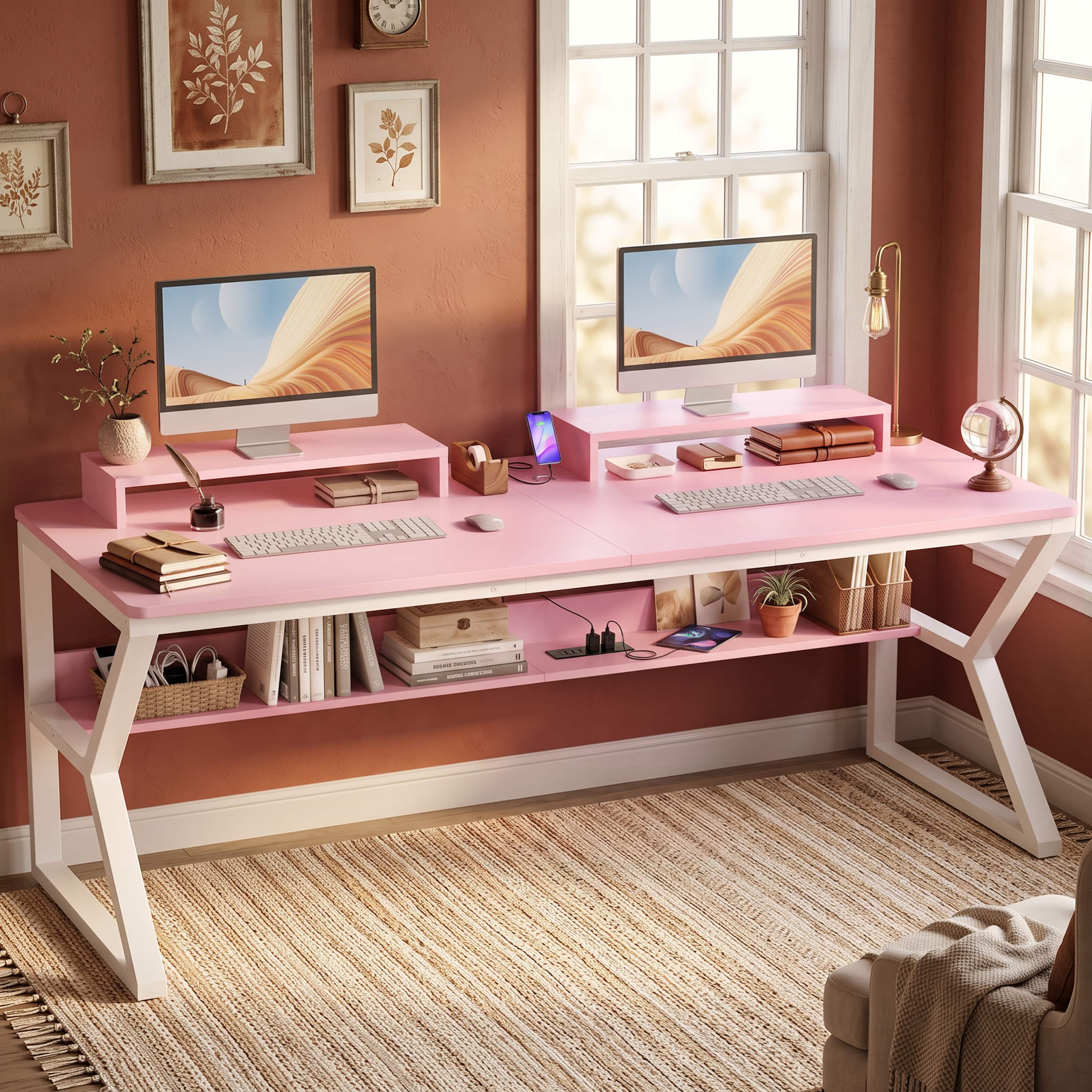 Aheaplus - 63 Inch Extra Long Computer Desk with Charging Station, Large Workstation for Home & Office - Pink