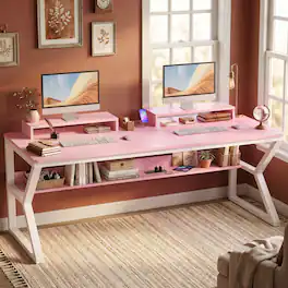 Aheaplus - 63 Inch Extra Long Computer Desk with Charging Station, Large Workstation for Home & Office - Pink