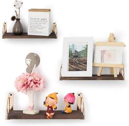 Oumilen - 3 Pack Floating Wall Shelves – Rustic Wood Shelves with Golden Circle Brackets, 3 Sizes - Rustic Brown