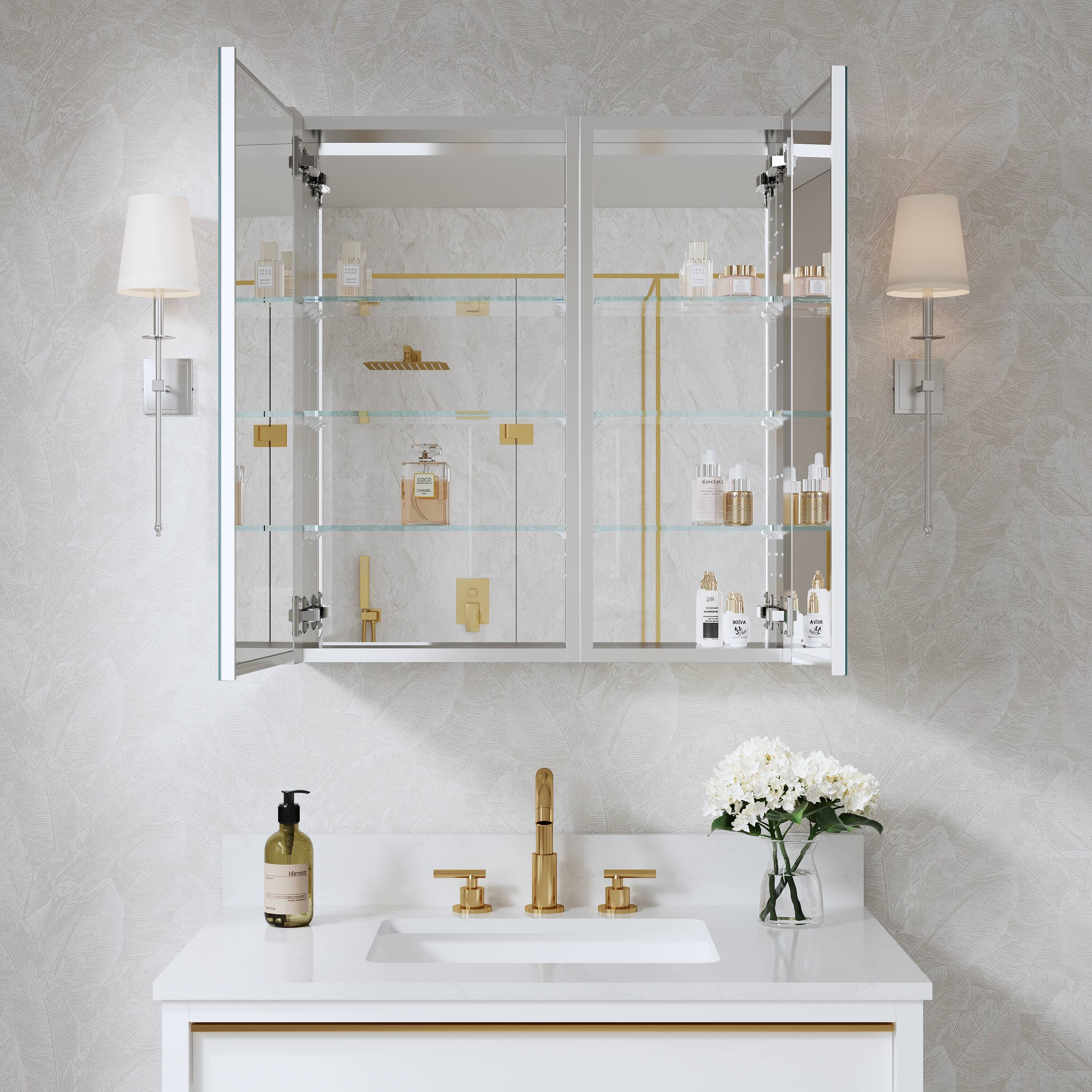Back. WELLFOR - Combo 28 in. W x 30 in. H Rectangular Recess/Surface Mount Frameless Medicine Cabinet with Mirror, Soft Close Door - Silver.
