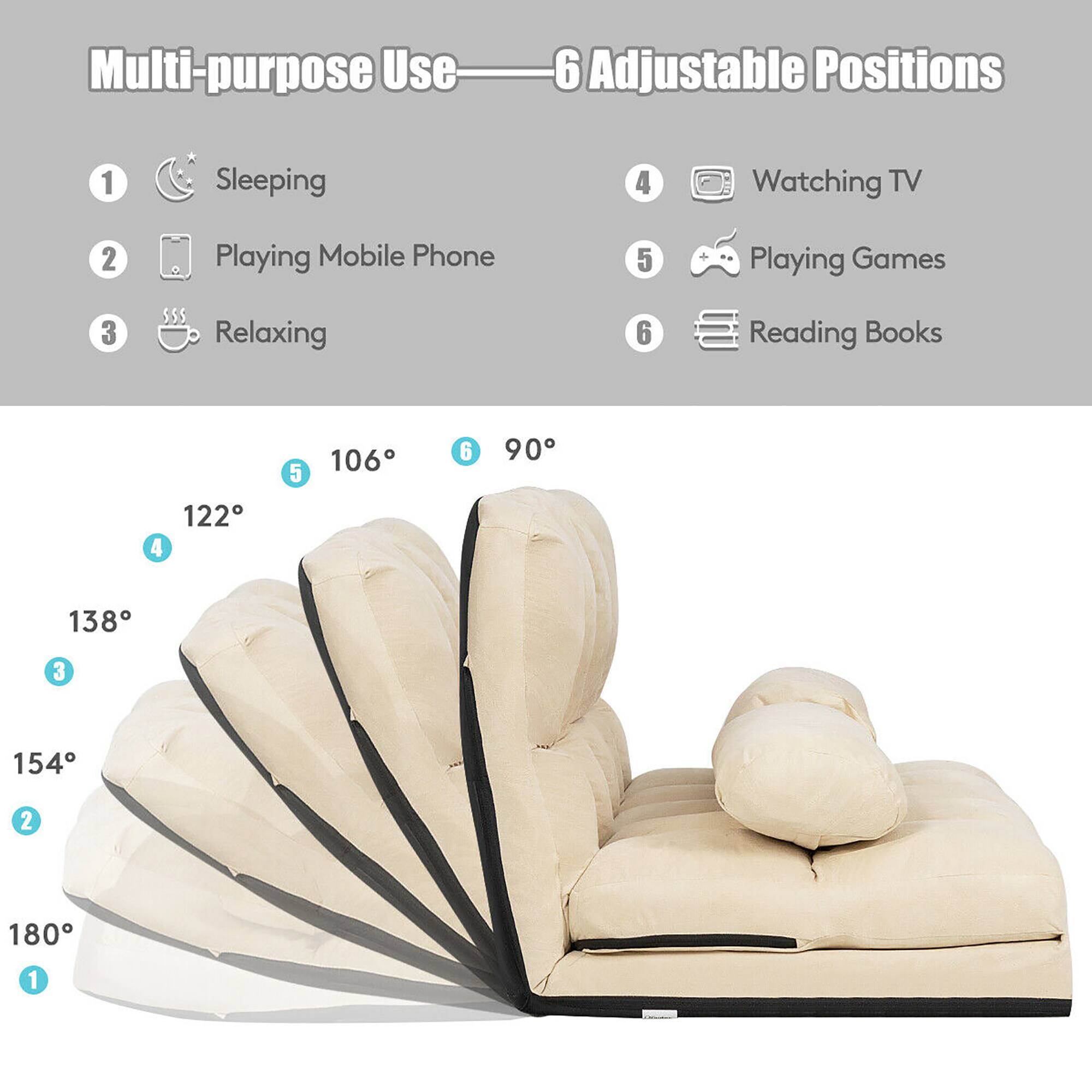 Multi-purpose Use  
6 Adjustable Positions

1. Sleeping
2. Playing Mobile Phone
3. Relaxing
4. Watching TV
5. Playing Games
6. Reading Books

122°  
138°  
154°  
180°  
106°  
90°  
138°