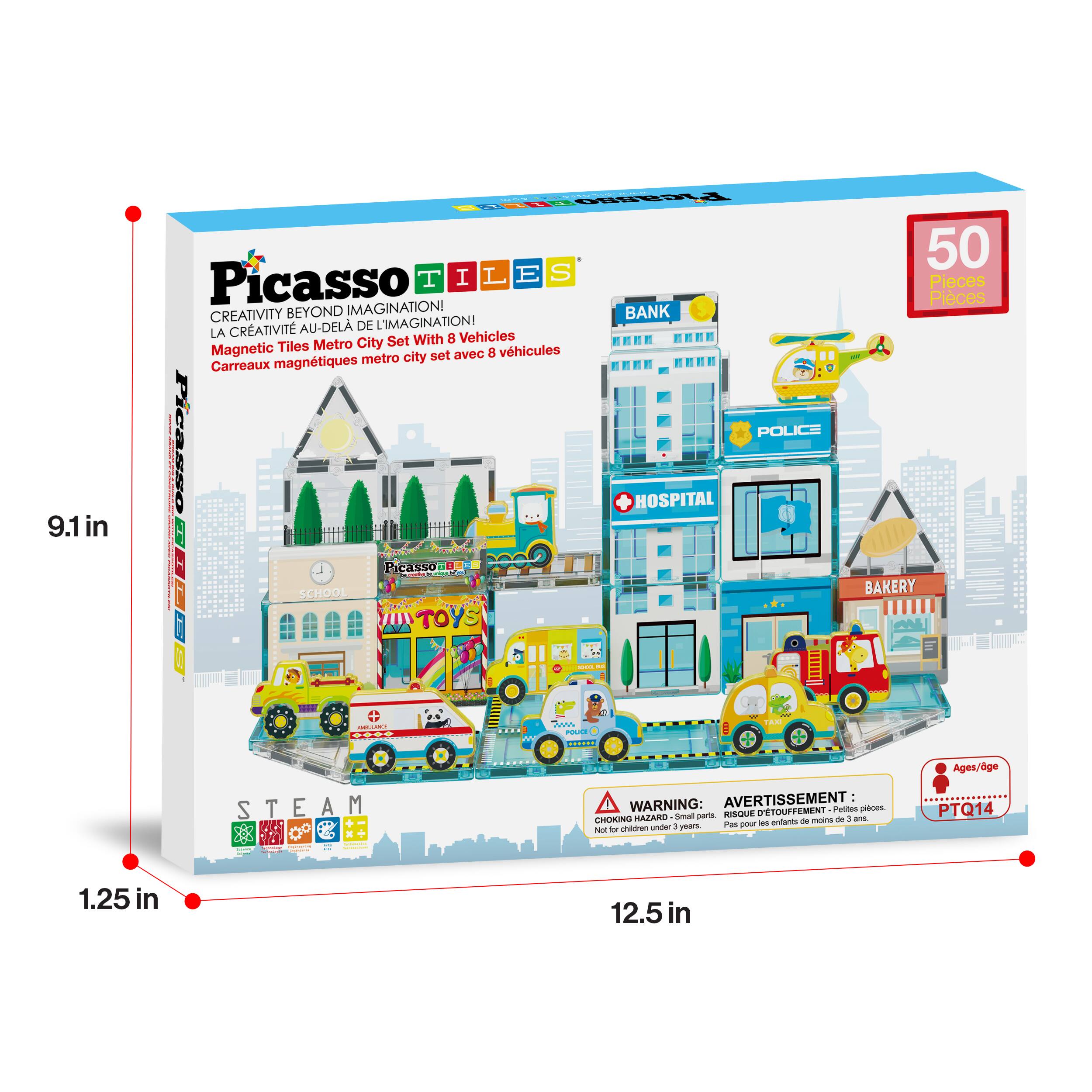 9.1 in ORLA Picasso T I L E S CREATIVITY BEYOND IMAGINATION! BANK CRATIVIT AU-DELA DE L'IMAGINATION! LA 8 Vehicles Metro City Set With Magnetic Tiles B vhicules metro city set avec Carreaux magntiques POLICE | Ficasso 550 HOSPITAL : SCHOOL TOYS S 50 Pieces Pieces BAKERY |  JMA -- ..... Ages/lge age STEAM T WARNING: AVERTISSEMENT D'ETOUFFEMENT Pustes - Z - Snal parts ISQUE CHOKING cnfarts de meas - 1 ans Pas por - Nam o chadren - E PTQ14  1.25 in 12.5 in