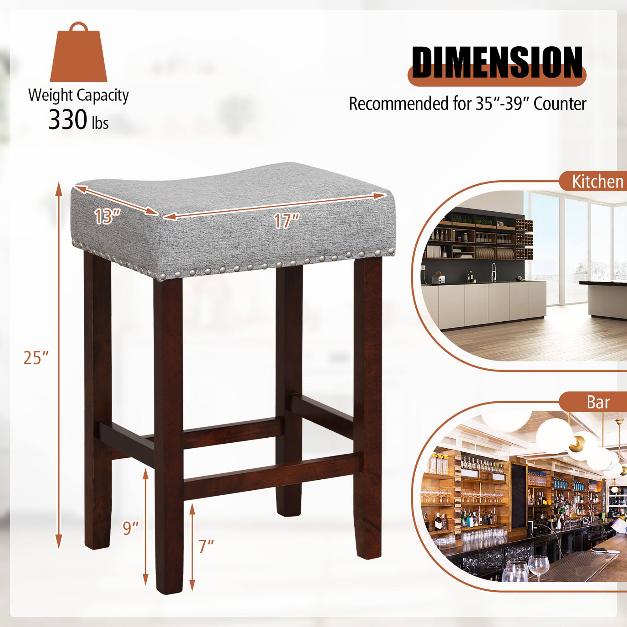 Weight Capacity 330 lbs, DIMENSION, Recommended for 35"-39" Counter, Kitchen, 13", 17", 25", Bar, 9", 7"