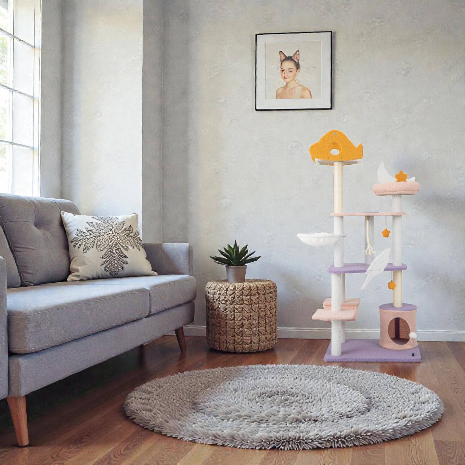 Front. BreeBe - Tall 66-Inch Cat Tree Featuring Multiple Levels and Sisal-Covered Posts - Purple.