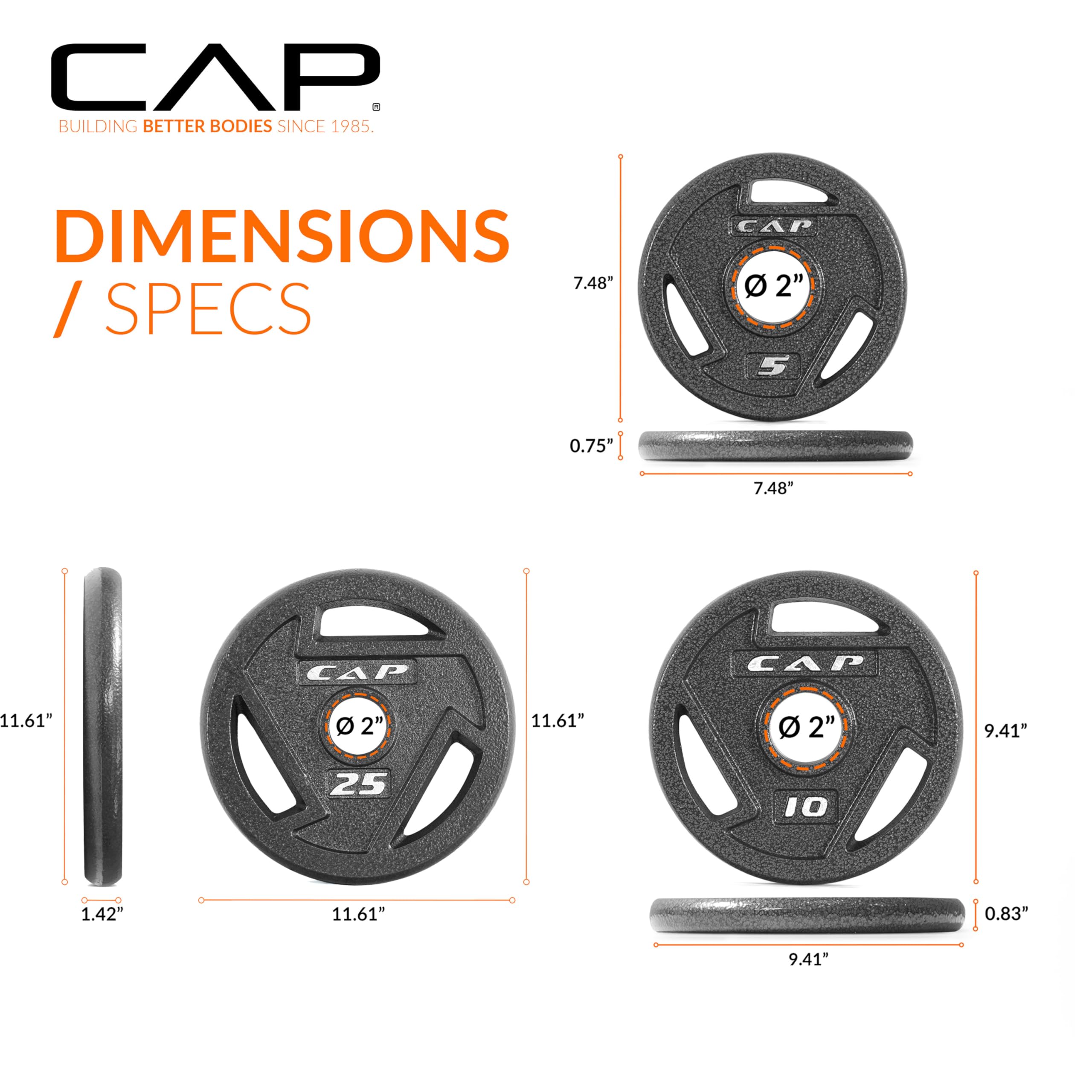 CAP  
BUILDING BETTER BODIES SINCE 1985  

DIMENSIONS / SPECS  

- 7.48"  
- 0.75"  
- 11.61"  
- 1.42"  
- 11.61"  
- 9.41"  
- 0.83"  
- 9.41"