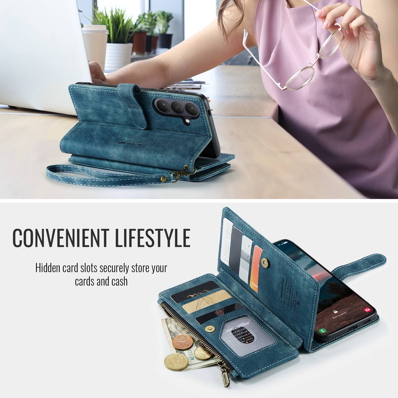 CONVENIENT LIFESTYLE  
Hidden card slots securely store your cards and cash