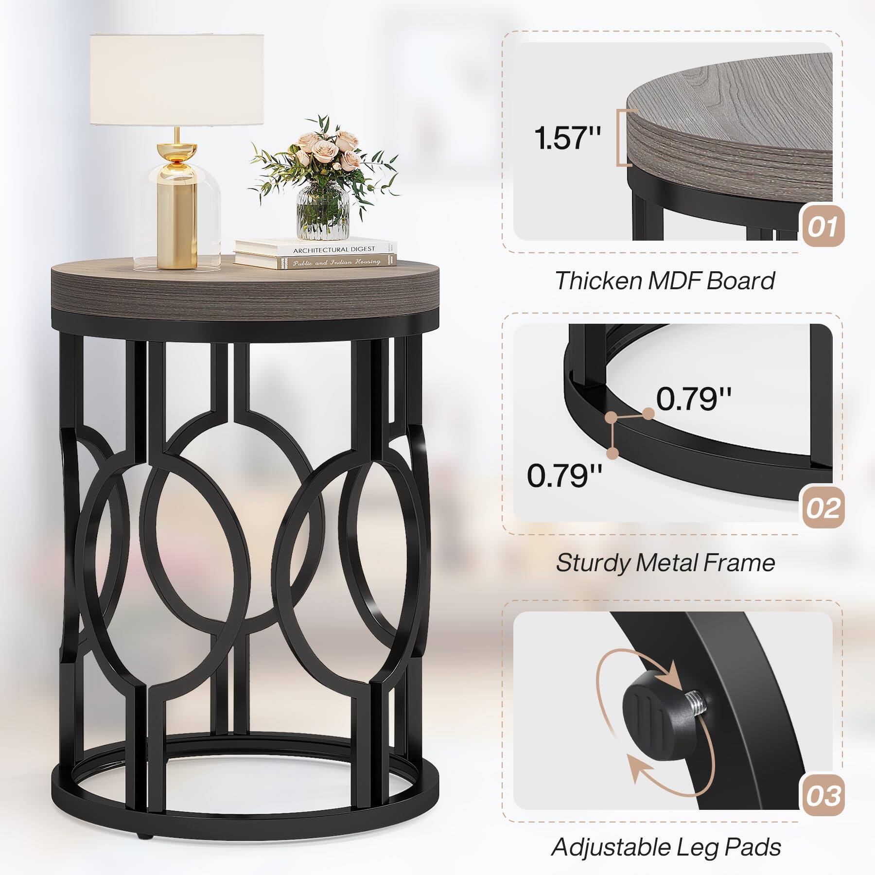 1.57"  
ARCHITECTURAL DIGEST Public and Indian Housing  
Thicken MDF Board  
01  
0.79"  
0.79"  
02  
Sturdy Metal Frame  
03  
Adjustable Leg Pads