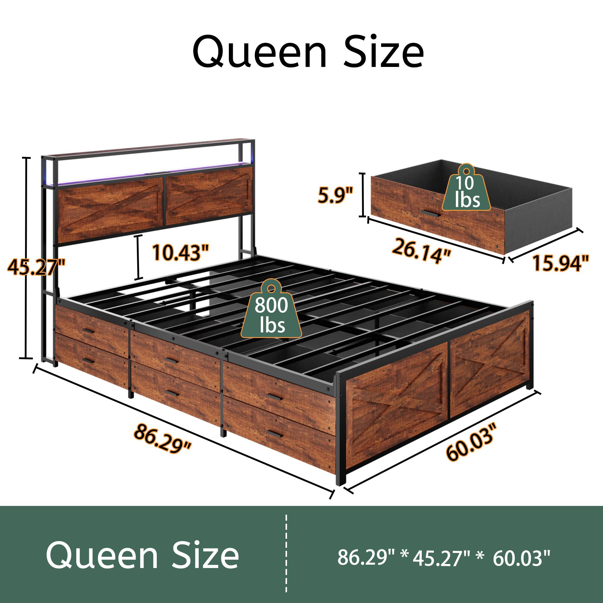 Queen Size  
5.9"  
10 lbs  
45.27"  
10.43"  
26.14"  
15.94"  
800 lbs  
86.29"  
60.03"  

Queen Size  
86.29" * 45.27" * 60.03"