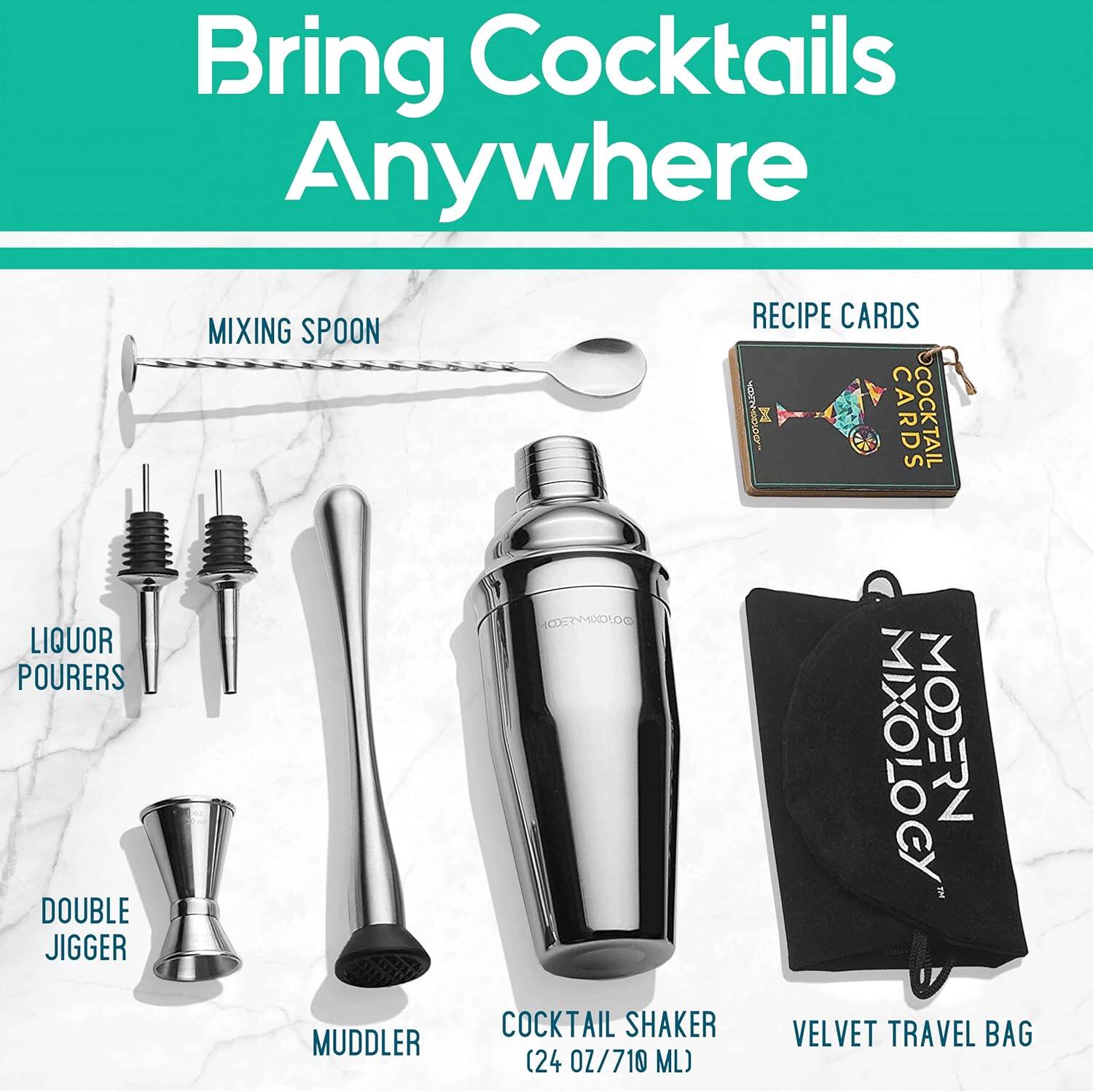 Bring Cocktails Anywhere

- Liquor Pourers
- Double Jigger
- Mixing Spoon
- Muddler
- Cocktail Shaker (24 oz/710 ml)
- Velvet Travel Bag
- Recipe Cards