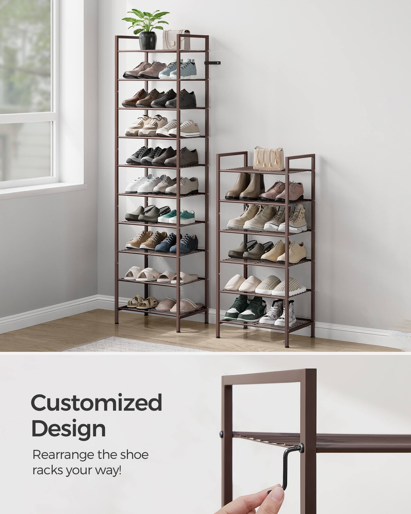 Songmics Home Narrow Shoe Rack, Sturdy 8 Tier Metal Tall Shoe Rack ...