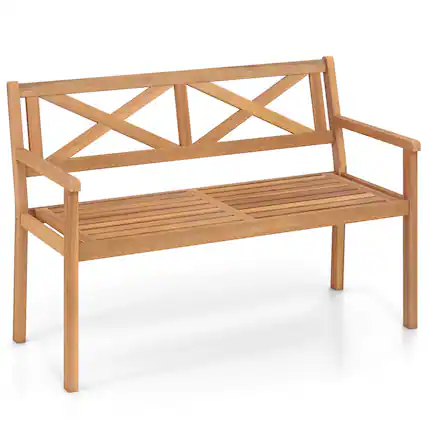 Front. Gymax - Gymax Outdoor Loveseat Bench 2-Person Patio Acacia Wood Garden Chair w/ Armrests - Brown.