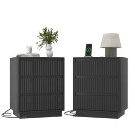Loheer - Nightstand Set of 2 with USB C Charging Station and Three Drawers - Black