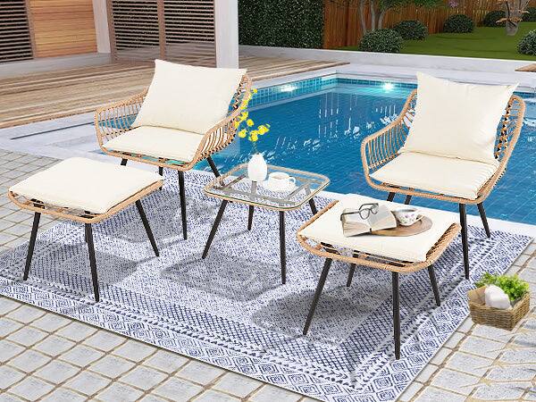 Alt View 2. Boyel Living - Yellow Beige 5-Piece Set Outdoor Patio Bistro with 2 chairs 2 ottomans and 1 square table - Yellow.