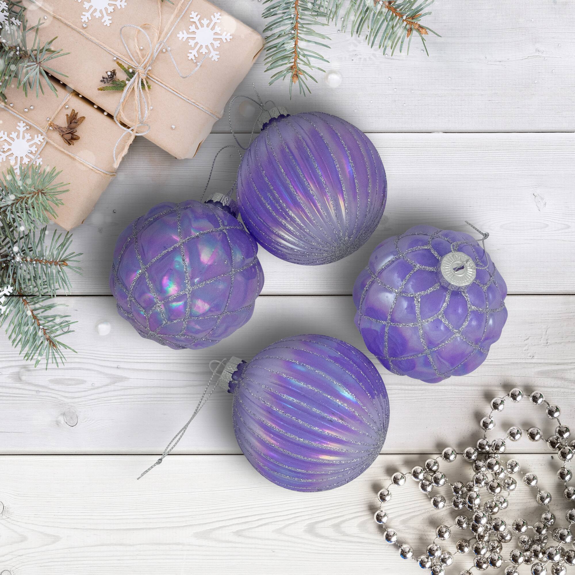 Photos - Christmas Tree Ball Northlight - Shiny Glittered Iridescent Glass Christmas Ornaments - 3" - 4ct - Purple 35774290 (80mm)